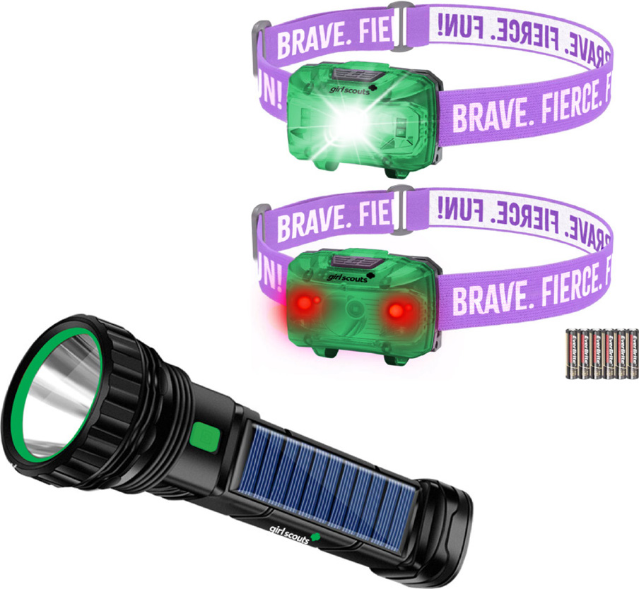a blue handheld flashlight next to a purple wristband flashlight with the words BRAVE. FIERCE. FUN!