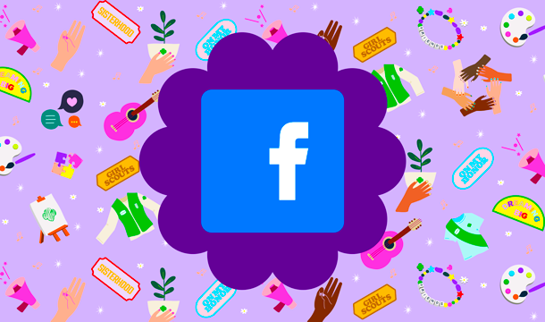 a colorful background with various arts and crafts items and Girl Scout patches with a large Facebook logo in the center