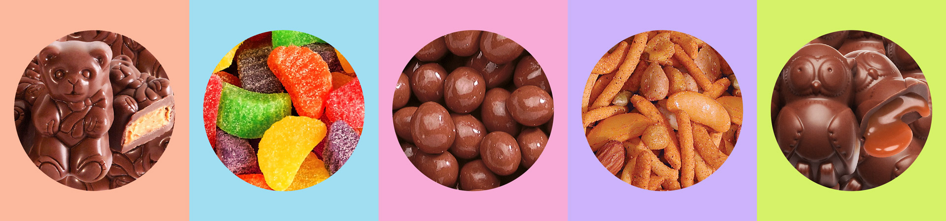  a colorful banner of chocolate peanut butter bears, fruit slices, chocolate covered peanuts, hot cajun crunch, and dulce de leche owls 