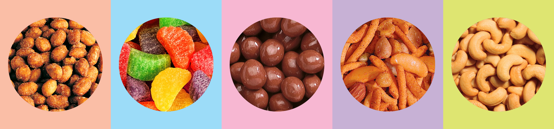  a colorful banner of chocolate peanut butter bears, fruit slices, chocolate covered peanuts, hot cajun crunch, and dulce de leche owls 