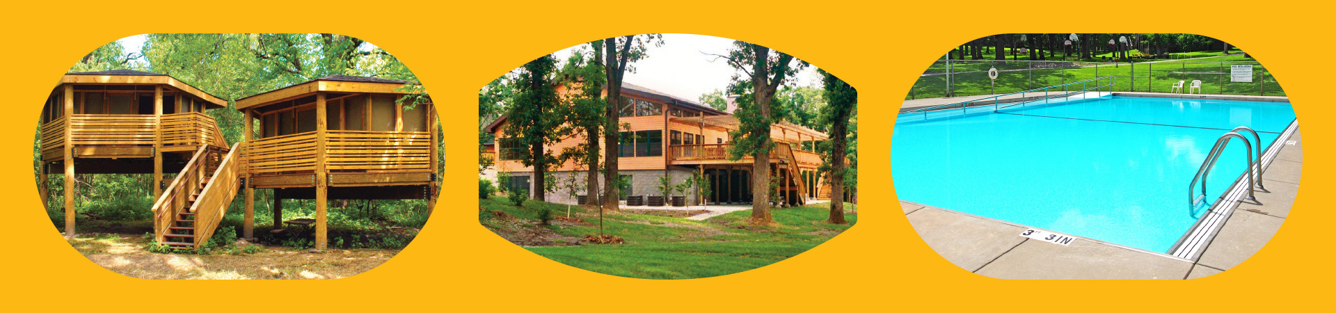  a bright gold banner with photos of wooden platform cabins, a large lodge, and a blue swimming pool 