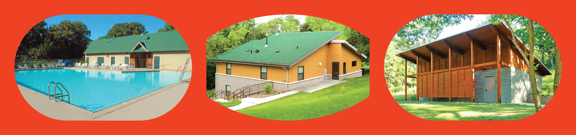  a bright red banner with photos of a blue swimming pool, gold cabin, and a modern shower house 