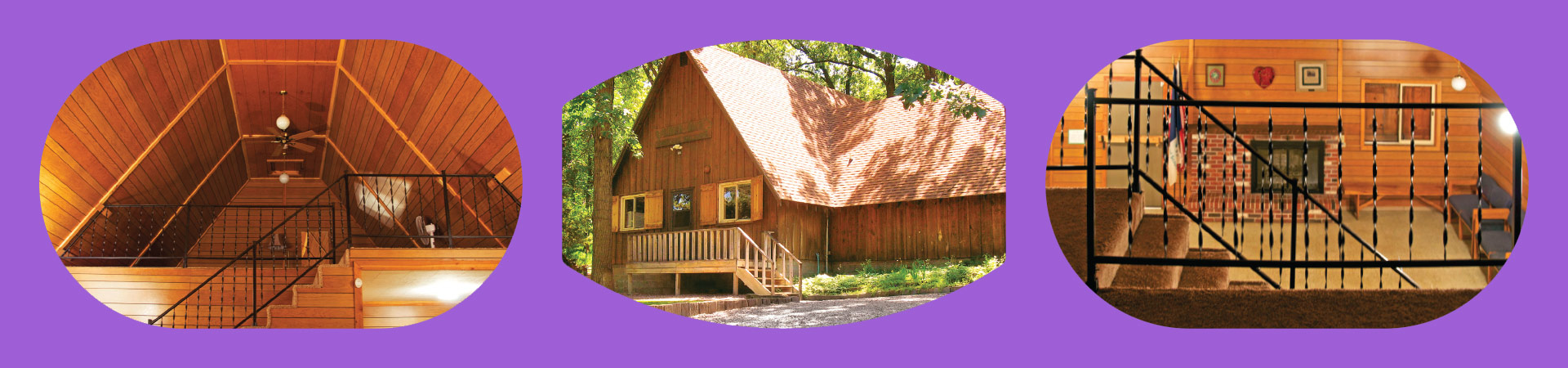  a bright purple banner with photos of a wooden sleeping loft, rustic wooden cabin, and stairs overlooking a cozy fireplace 