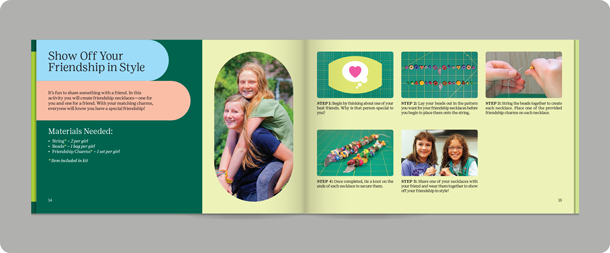 a colorful spread showing the inside of the co-leader guide
