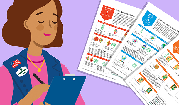 A cartoon Girl Scout co-leader holding a clipboard